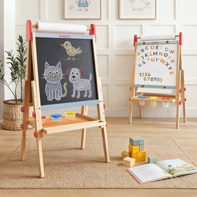 Kids Art Easel with Paper Roll Holder, Chalkboard & Whiteboard, Storage Tray for Painting, Double Sid