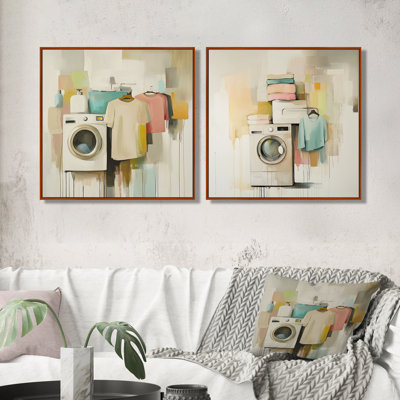 Linge cubique beige et rose «Laundry I» - Art mural moderne pour le salon - 2 pièces