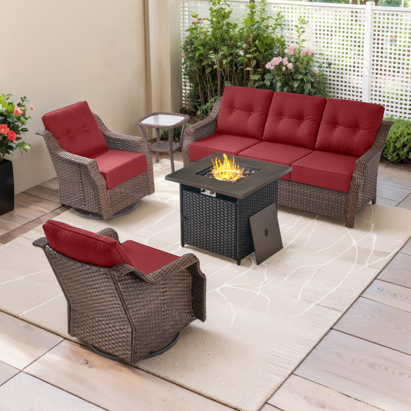 Lisandro 5-Piece All-Weather Outdoor Wicker Square Fire Pit Conversation Set With Swivel Gliders And Side Table For Patio＆Garden