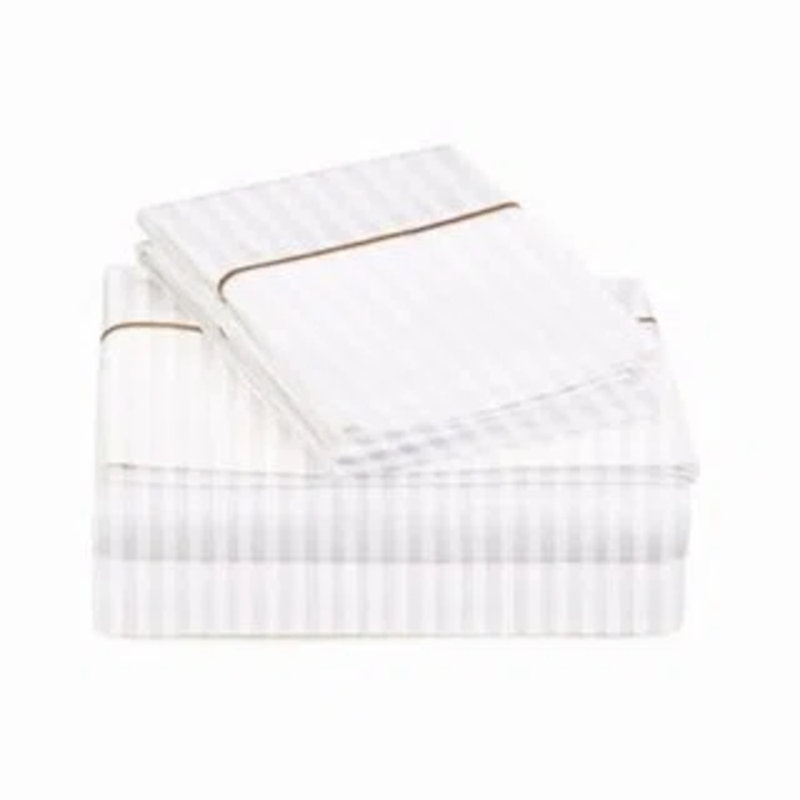 400TC Single Embroidery Sateen Stripe Cotton 4 Piece Sheet Set Fitted Sheet Fits Upto 16" Deep Pocket, Full Sheet Set