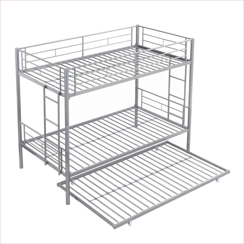 Metal-Constructed Bunk Bed with Trundle for Small Kids Bedroom, Cool Silver, Space-Saving Extra Sleeping Bed Frame