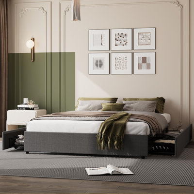 Full Size Bed Frame with 4 Storage Drawers, Platform Bed Frame with Mattress Foundation Strong Wooden Slats Support, No Box Spring Needed, Non Slip and Noise Free