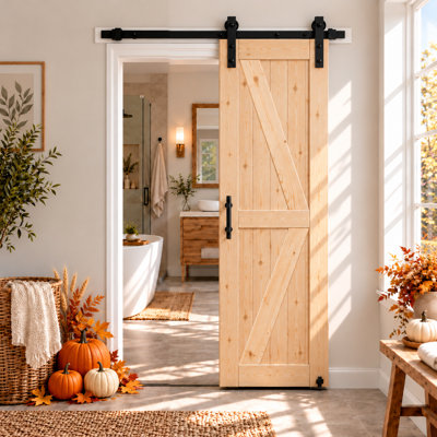 S&Z TOPHAND Unfinished British Brace Knotty Barn Door with Sliding Door Hardware Kit/Solid Wood/Sliding Door/Double Surfaces/A Simple Assembly is Required