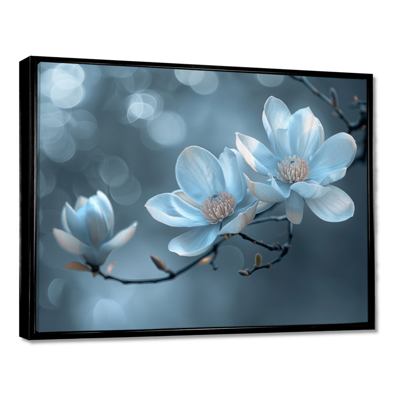 Blanc, gris, nuit, Nirvana, magnolia photo I - Magnolias, art mural, Cadre flottant doré, H 34 po x l 44 po