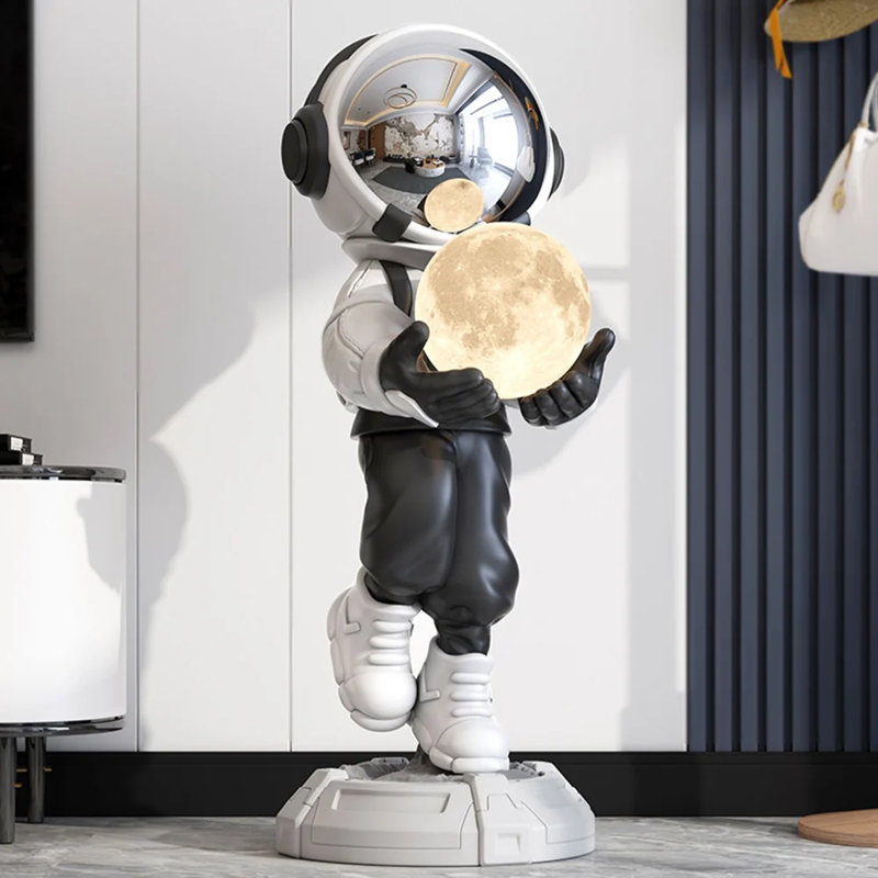 Modern Astronaut Floor Sculpture Figurine with Glowing Moon LED Lamp USB Rechargeable Tap Control Ambient Light, Black/White