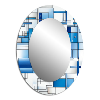 Vintage White An Blue Rectangles Stripes - Large Oval Wall Mirror On Metal
