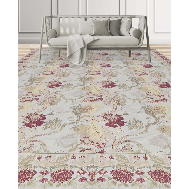 Milano Savonile Azm Wool Floral Area Rug in Ivory/Red, Rectangle 10'2" x 14'2"