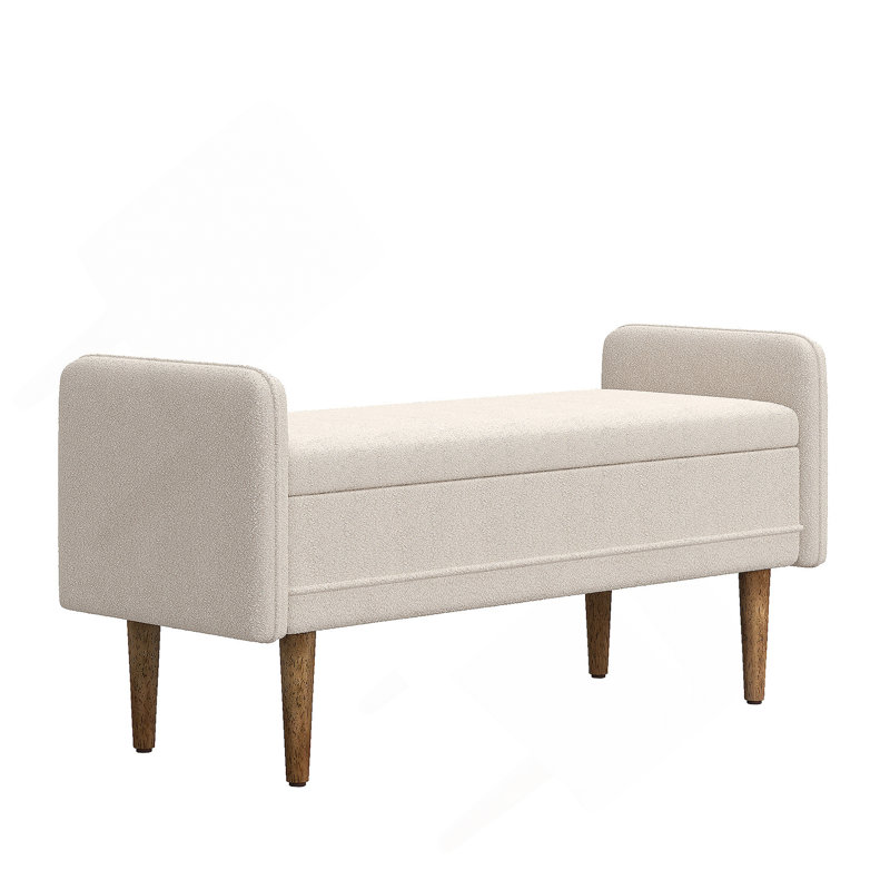 Banc de rangement en tissu Teddy avec pieds en bois, Beige