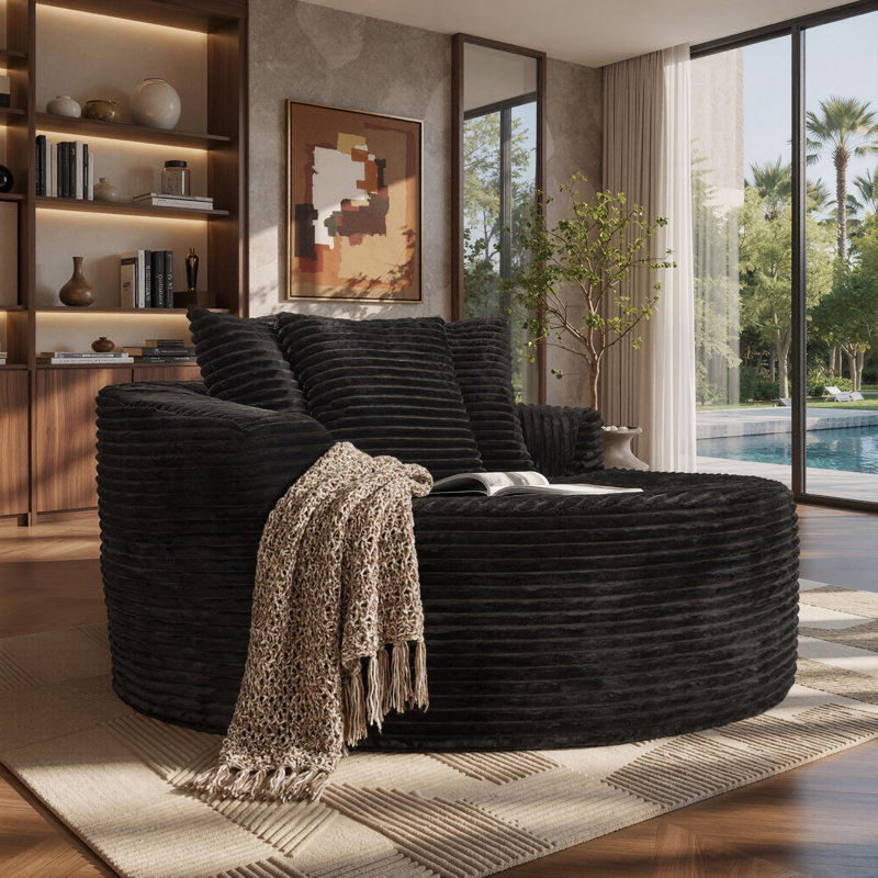 Chaise longue ronde surdimensionnée de 148 cm de large avec coussins, aucun assemblage requis, Velours côtelé noir
