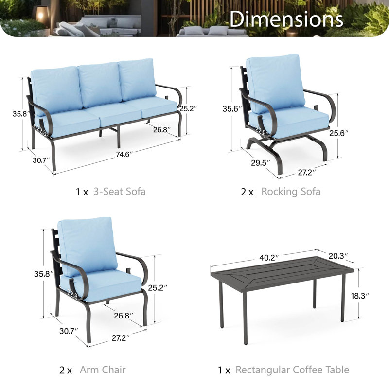 7 - Person Metal Patio Conversation Set, No, 6 Pcs: Table, Sofa, 2 Rocking Chairs,2 Arm Chairs, Blue