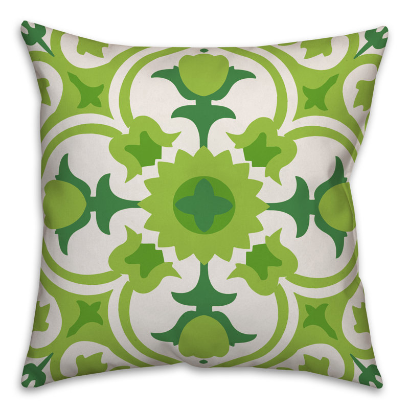  Coussin d'extérieur carré espagnol, Polyester / Bourre en polyester, 16 po x 1 po, Vert foncé / vert clair / blanc cassé