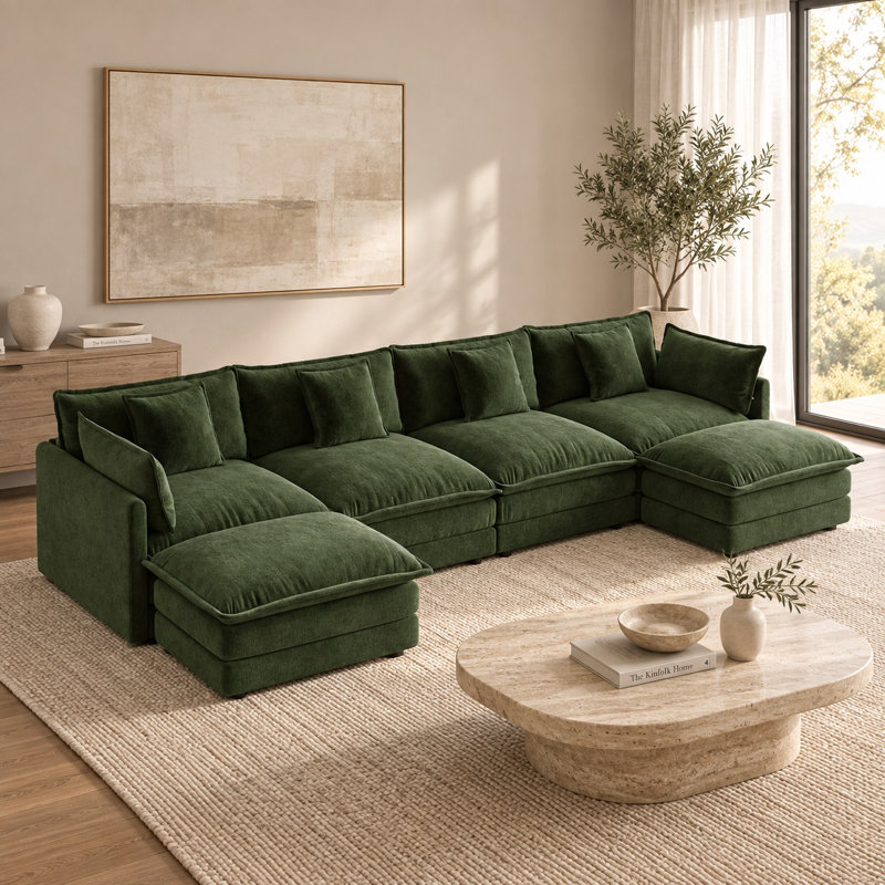 Canapé d'angle modulaire surdimensionné 4 places en chenille en forme de U avec 2 poufs, canapé double, 4 Seat+2 Ottoman