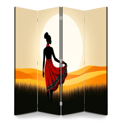 Cloison pliante 4 panneaux paravent femme royale africaine jupe rouge Sunset