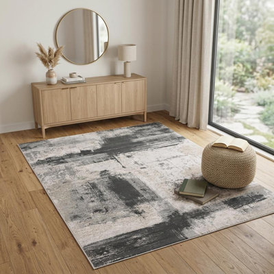 Tapis lavable abstrait gris et ivoire 4 pi x 6 pi