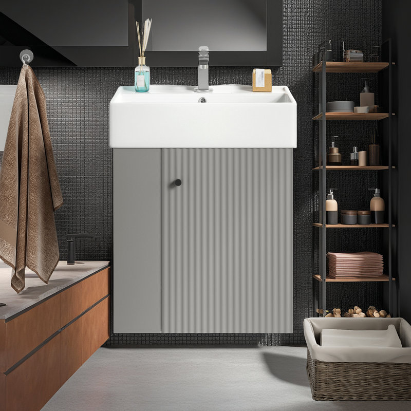 Meuble-lavabo mural 21,6 po avec lavabo en céramique, rangement latéral, porte à fermeture en douceur