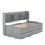 Lit simple en bois avec tablettes de rangement intégrées, 3 compartiments de rangement et gigogne en gris-1955730889