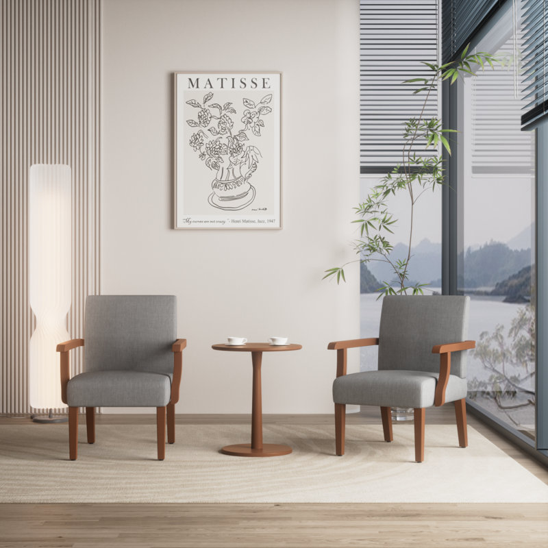 Fabric Accent Arm Chair Set of 2 with Round Wood Table, Light Grey Fabric