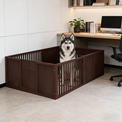 Boîte de mise à l'eau spacieuse pour chien avec deux pièces, pin et matériaux, base antidérapante, portes d'entrée réglables, abri à vent pour chiots, dimensions totales L 81 po x l 39,25 po x H 19,75 po