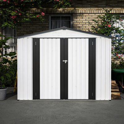 Remise en métal de 8 pi x 6 pi pour l'extérieur, blanc - 2 portes verrouillables pour le jardin, la cour, la pelouse, faciles à installer et à utiliser à l'extérieur, toutes convenables pour garder votre cour bien rangée