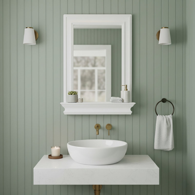 Removable Decorative Accent Wall Mirror with Shelf and Shaker-Style Frame for Bathroom or Entryway