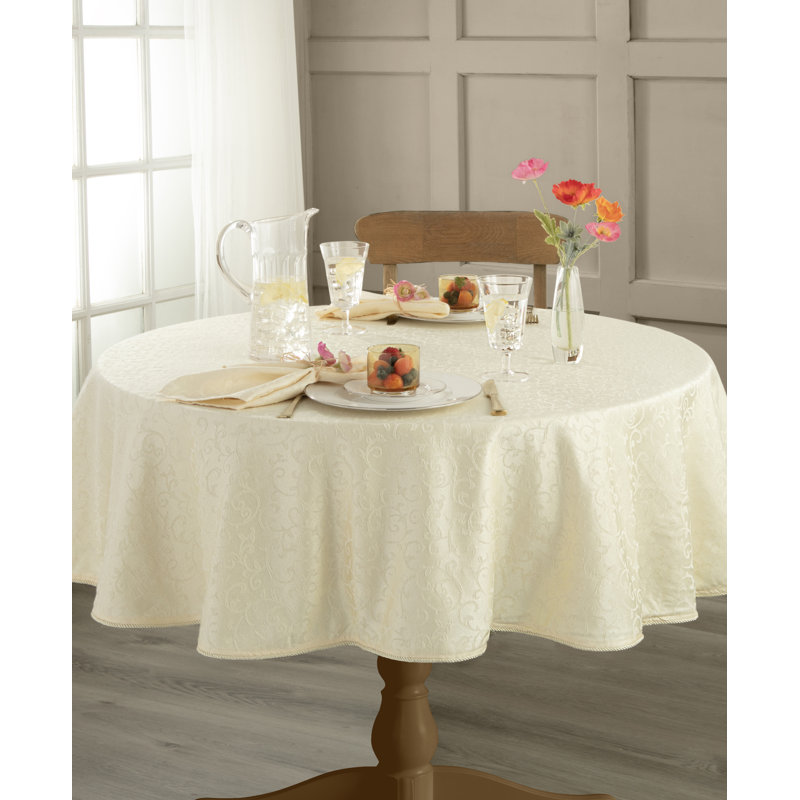 Ivory Round Cotton Blend Jacquard Tablecloth, 70"