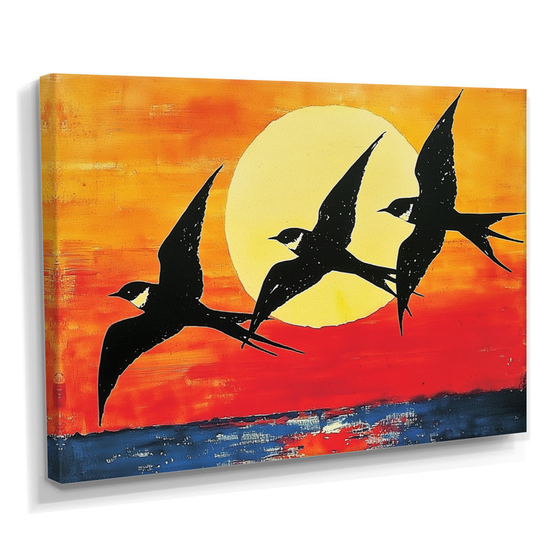 Swallows Birds At Sunset V - art mural oiseau, Toile tendue sur cadre, H 12 po x l 20 po, Ne s’applique pas