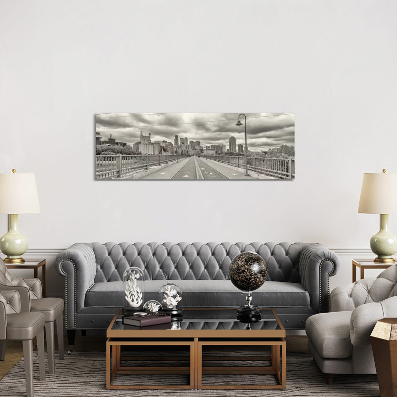 Stone Arch Bridge with Buildings in the Background, Mill District, Upper Midwest, Minneapolis, Hennepin County, Minnesota, USA 1 Piece Wrapped Canvas Panoramic Wall Art