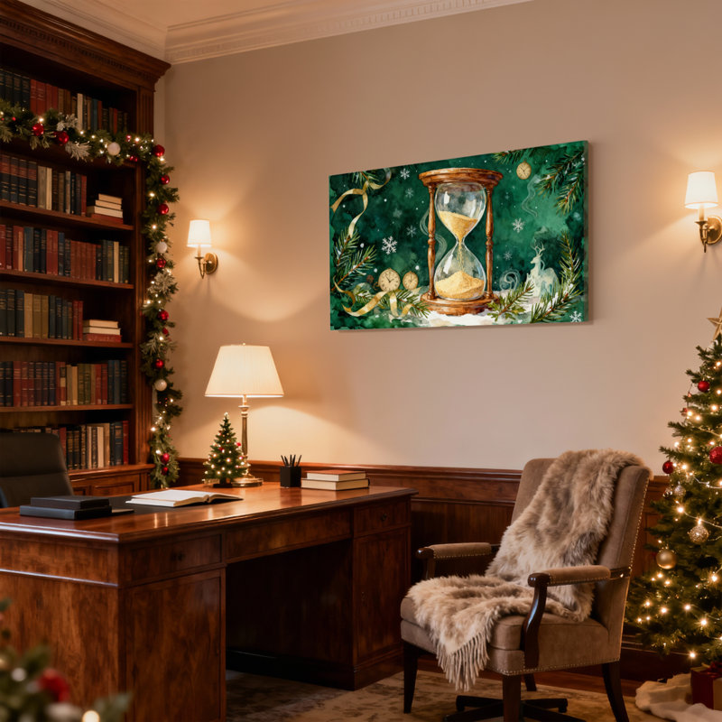 Sablier de Noël branches de pin, flocons de neige, horloge, ruban, cerf, ensemble de 3 impressions sur toile
