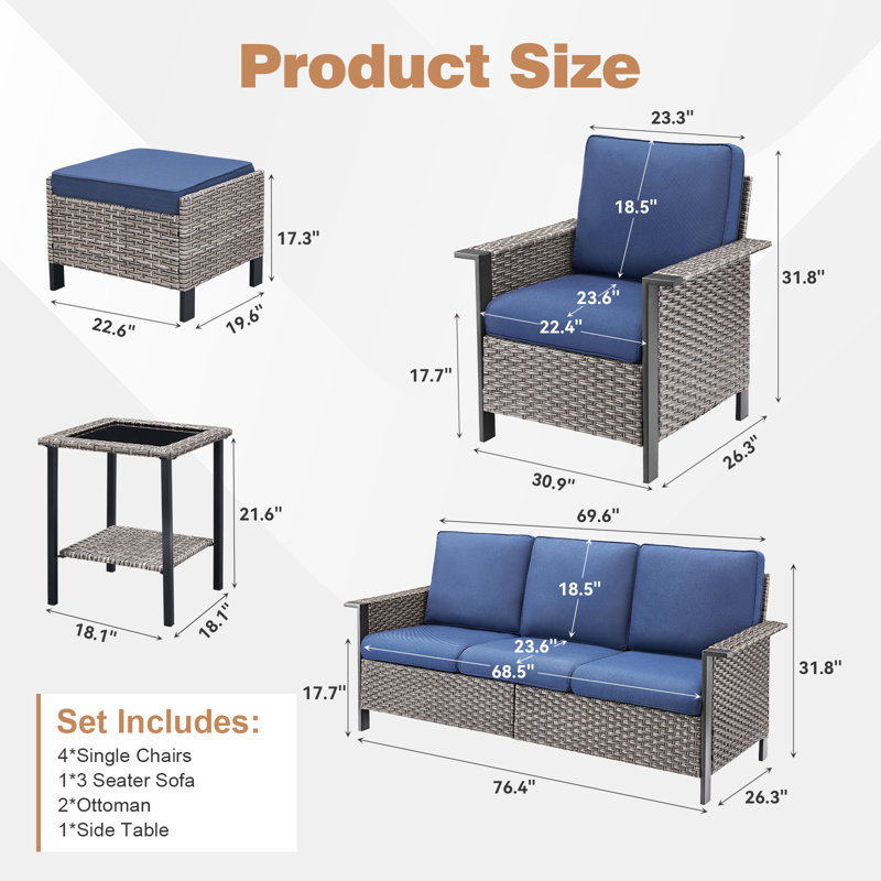 Coady 7-9 Person Outdoor Courtyard Wicker Family Conversation Set Group With 4 Armchairs, Gray, Blue