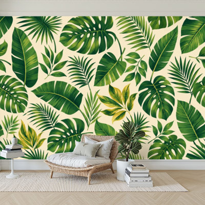 Papier peint adhésif à motif de feuilles vertes exotiques tropicales naturelles, composition, blanc, plage, papier adhésif sans contact amovible, décoration murale pour salon, chambre à coucher H 100 po x l 144 po