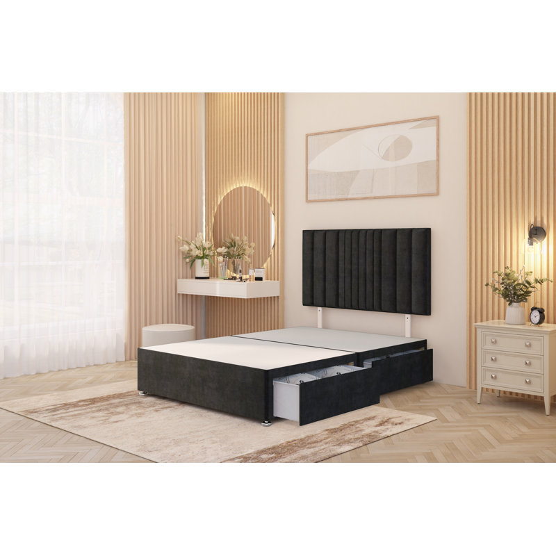 Alyssa Velvet Divan Bed Set Sprung Memory Foam Mattress & Headboard with Drawers, Black, Small Single (2'6), 2 Draw