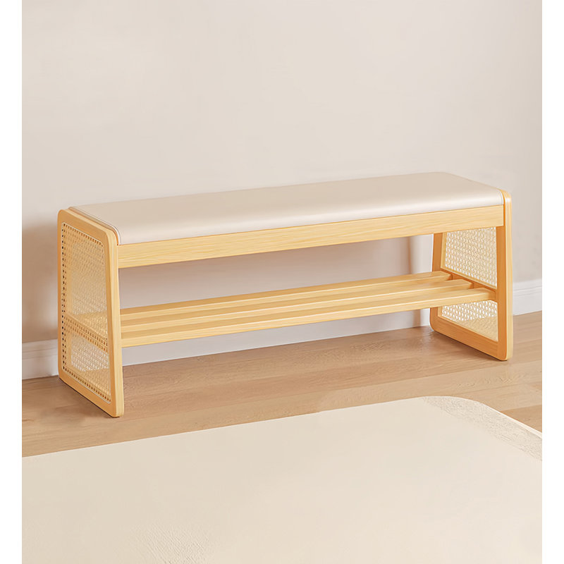 Solid Wood Rattan Woven Shoe Changing Stool, Home Use, Can Sit Shoe Cabinet.