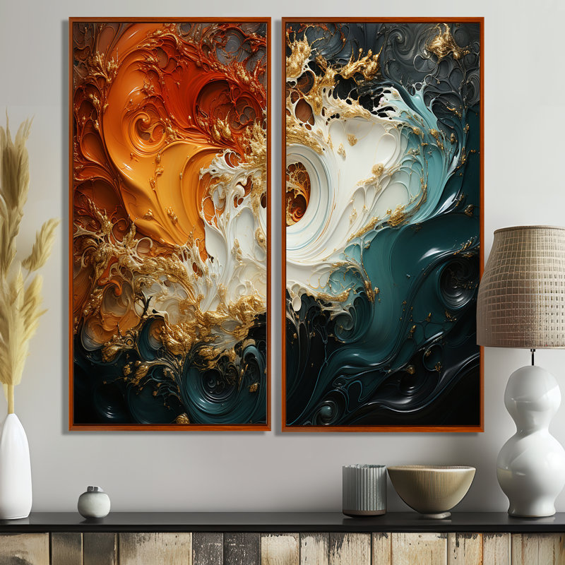 Encre blanche blanche et orange, tempête I - décoration murale blanche, H 40 po x l 40 po, Brun
