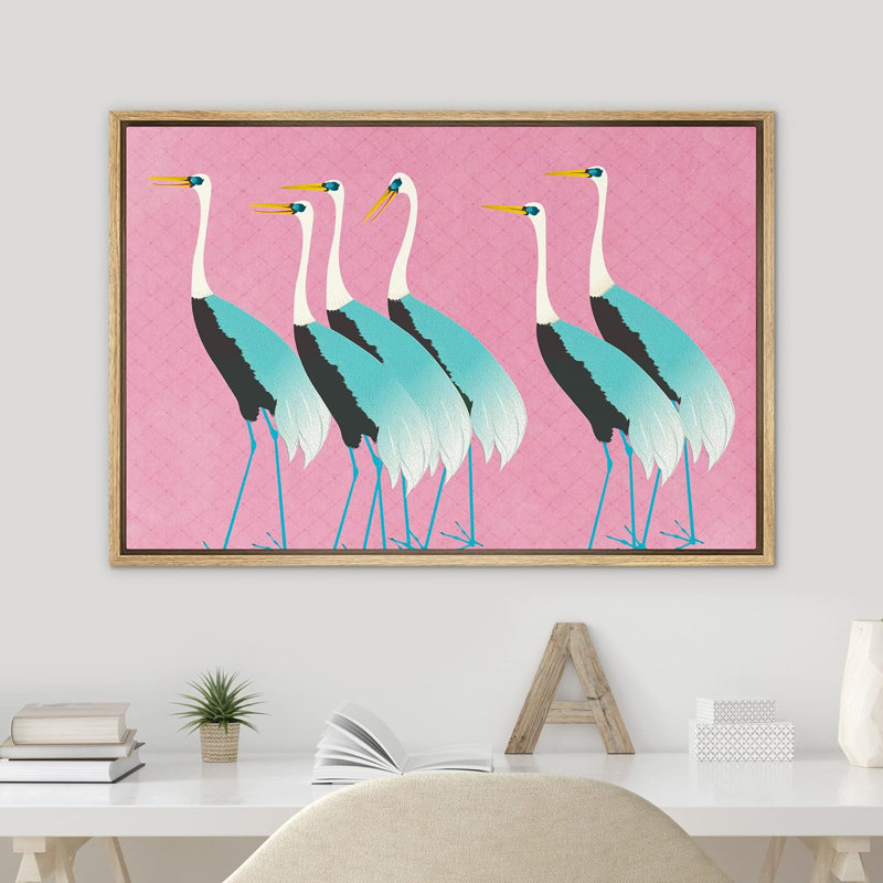 Bright Preppy Animals IDEA4WALL Framed Canvas Print Wall Art Room Decor Vibrant Teal Crane Bird Pink Sky Nature Decorative Multicolor Colorful Rustic For Living Room, Bedroom, Office Framed On Canvas Bold Art