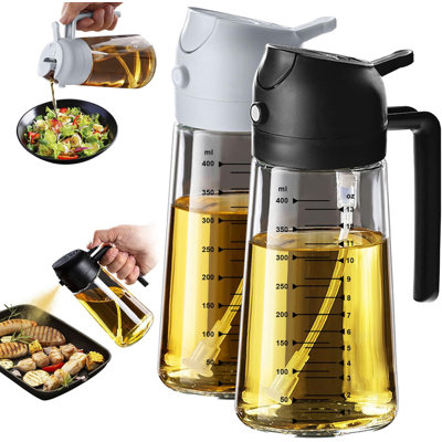 Glass Olive Oil Sprayer for Cooking 16oz/470ml – 2 in 1 Olive Oil Dispenser Bottle for Kitchen Gadgets and Air Fryer Accessories, Salad, BBQ - Black & Ash
