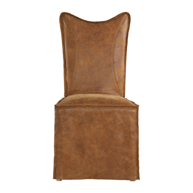 Kenefic 19.25'' H Genuine Leather Upholstered Parsons Chair, Cognac