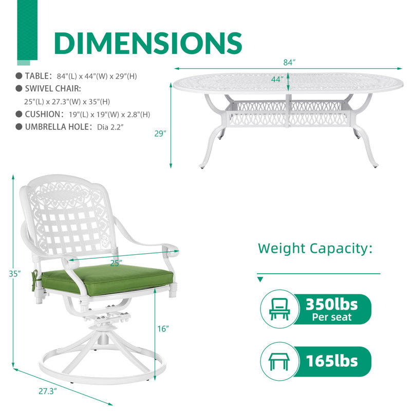 L'ensemble de salle à manger d'extérieur 9 pièces Foundry Select, l'ensemble de conversation en aluminium coulé résistant aux intempéries, comprend 8 chaises berçantes pivotantes et une table ovale avec trou pour parasol, coussin blanc / vert