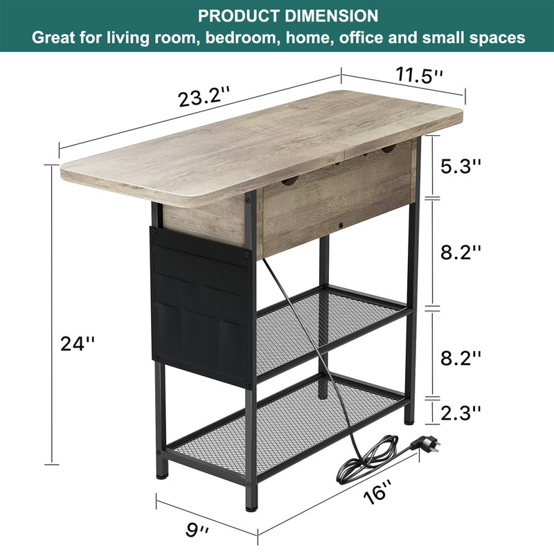Hogsett End Table Storage and USB Ports & Power Outlets With Side Pockets, Cream