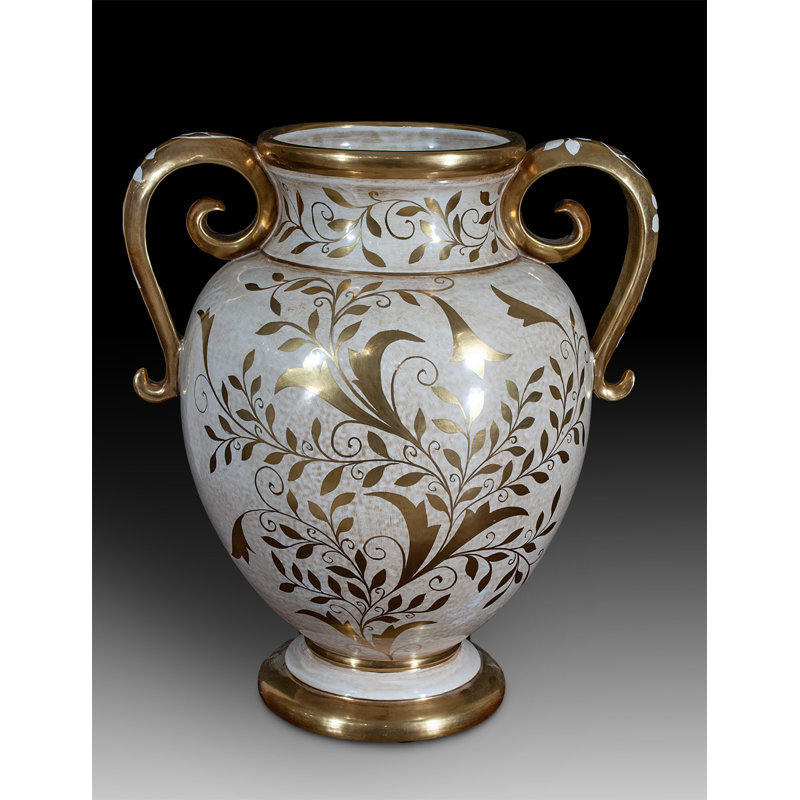 Vase de table en céramique blanc / doré 17 po