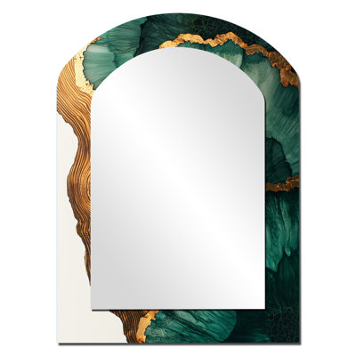 Emerald Leaves Wood Slide III - Stone Geode Asymmetrical Decorative Wall Mirror, Gold Arch Large Mirror, Printed Metal Art