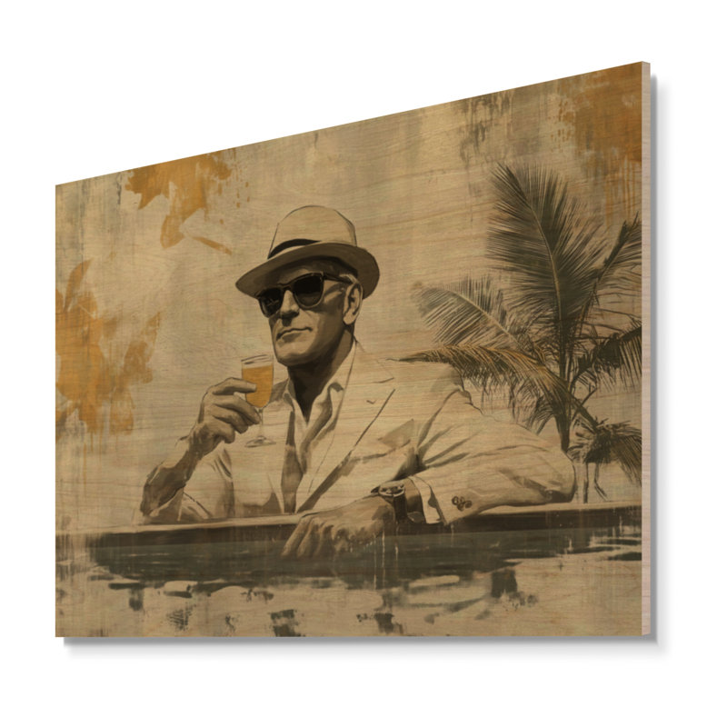 Gentleman au bord de la piscine - Affiche murale vintage en bois, H 18 po x l 24 po