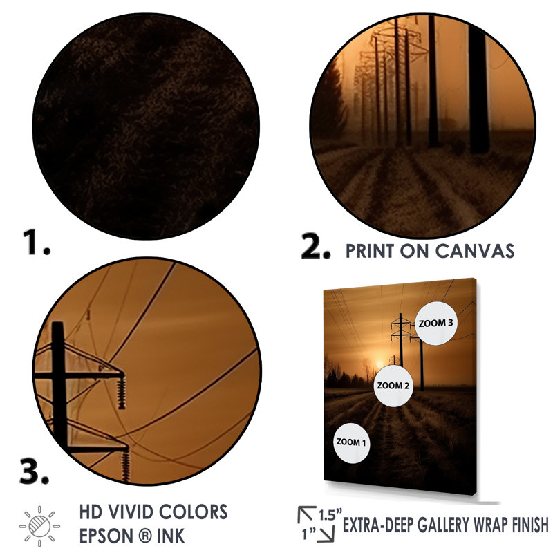 «Power Lines Minimalisme Scenery Sunset I», reproduction sur toile, H 32 po x l 24 po x P 1 po, Cadre flottant doré