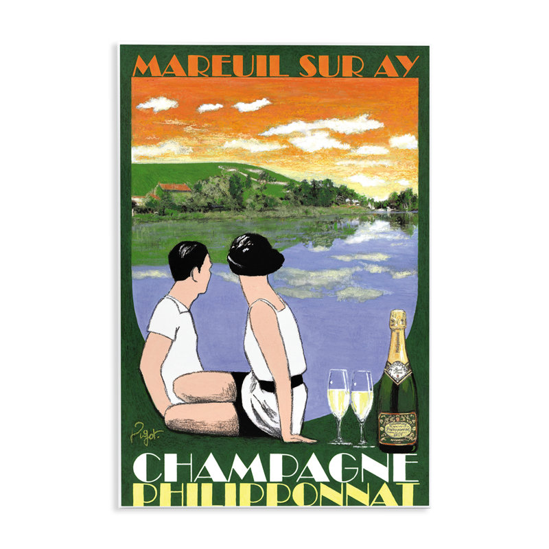 Plaque de champagne rétro avec vue, art par Jean-Pierre Got, H 15 po x l 10 po