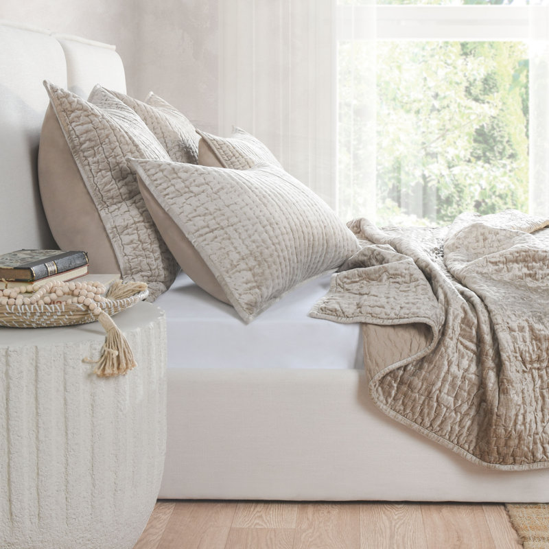 Bari 3-Piece Velvet Rayon Quilt Set, Pebble Beige