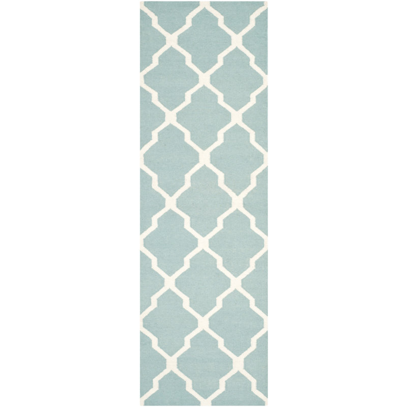 Tapis bleu clair / ivoire en laine et coton tissé à la main Dhurrie, Tapis de couloir 2 pi 6 po x 12 pi