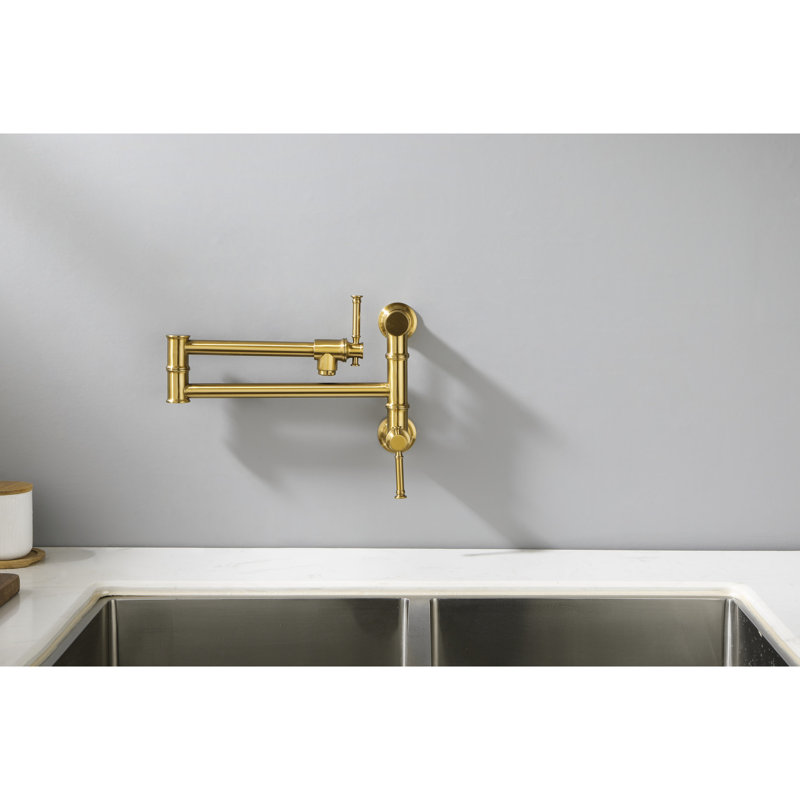 Pot Filler Faucet Wall Mount - Brass, Gold, Finish, Smooth Flow Mounted Folding Arm For Space Saving