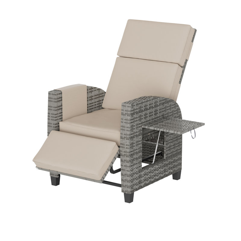 Outdoor Recliner Chair, Reclining Patio Chairs With Adjustable Backrest And Extended Footrest, Pe Rattan Patio Lounger Chair With Flip Side Table