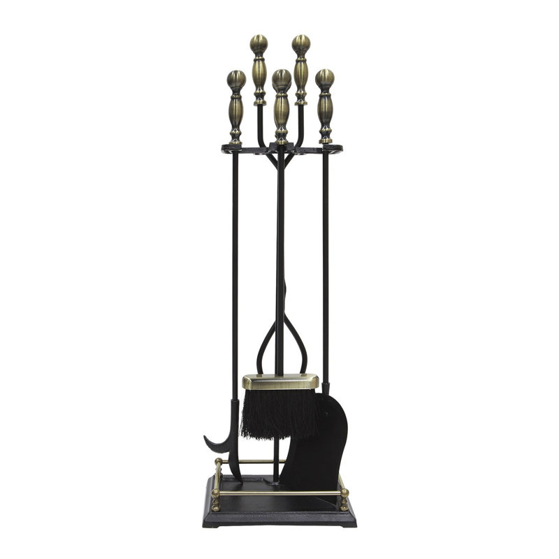 Ensemble d'outils de foyer en fer Verrett, Laiton antique / noir, H 30,50 po x l 6,75 po x P 9,75 po