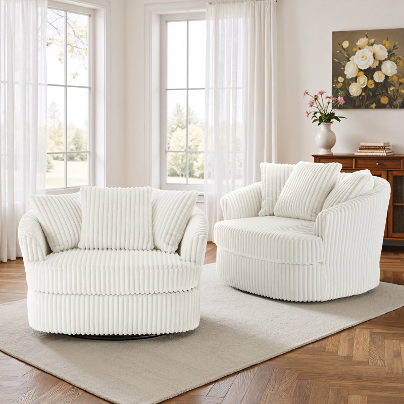 Ultra Plush Faux Rabbit Fur Oversized Swivel Barrel Chair with Three Pillows, Beige