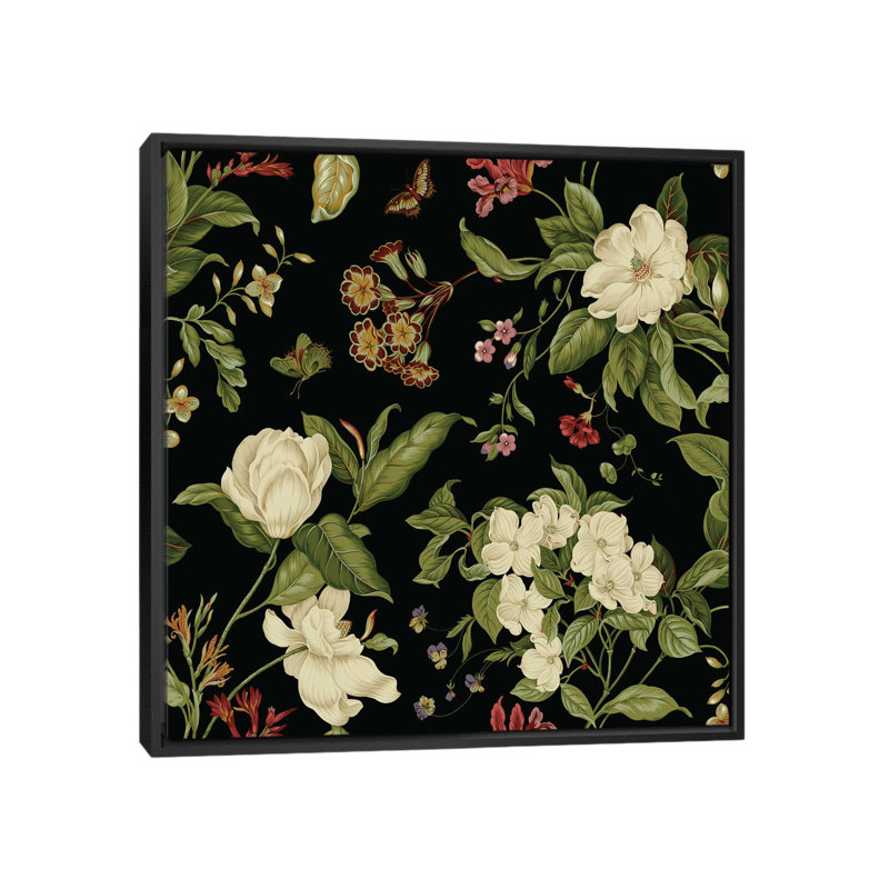 « jardin floral on black i », impression sur toile, H 18 po x l 18 po x P 1,5 po, Toile avec cadre noir, Pas de tapis